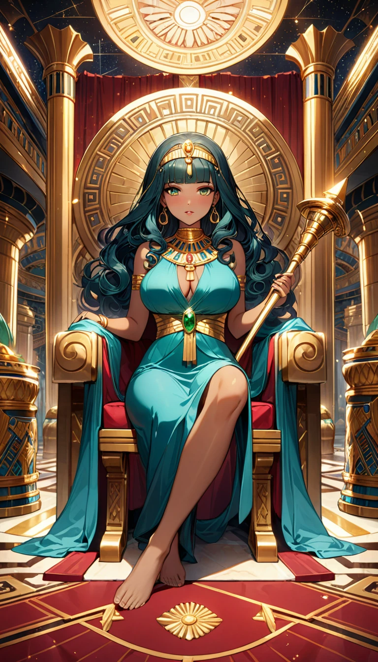 ((masterpiece)), ((Highest quality)), (Very detailed), ((Very detailed)), 4K, (8K), so beautiful, Absurd Hi-Res, 1 female, Brown Skin, alone, Cleopatra sits on a luxurious throne in an ancient Egyptian palace, Enveloped in golden light. She is cross-legged in a luxurious space surrounded by crimson curtains., Creates a dignified and enchanting atmosphere. Cleopatra had a long face, Slightly hooked nose, Almond-shaped eyes, Fuller lips, Round jaw, Her beauty is unparalleled. Her hair is thick and curly, Curly hair on the front of the face、 "melon" Back style. Her outfit is a dark green silk dress woven with gold threads., Gold jewels sparkle in her hair.. Ancient Egyptian god on the throne々It is decorated with elaborate carvings depicting the Pharaohs and。. Cleopatra holds an intricately carved gold staff in her hand., Her throne is studded with rubies and emeralds. The palace floors are covered with gorgeous Persian carpets., The walls are adorned with vibrant paintings depicting ancient Egyptian mythology.. The constellations are painted on the ceiling, Sweet-smelling incense smoke rises from the incense burner at your feet..