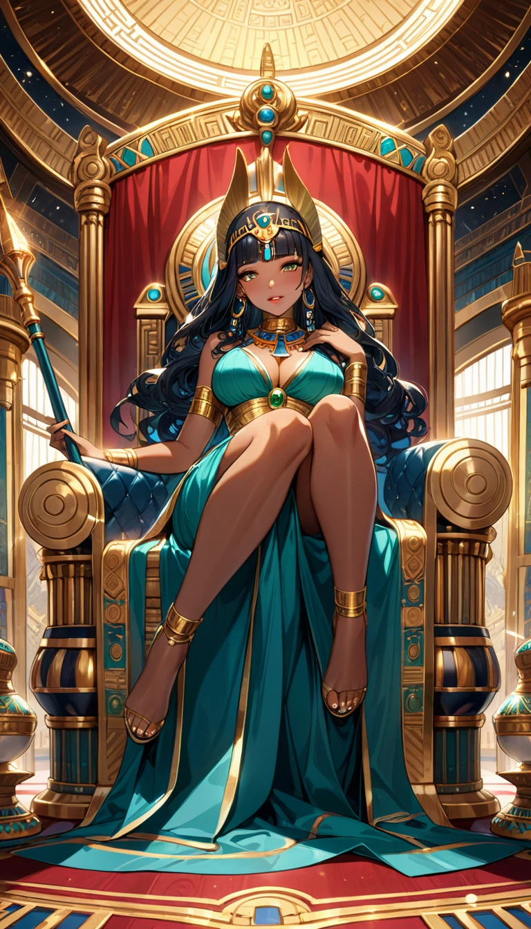 ((masterpiece)), ((Highest quality)), (Very detailed), ((Very detailed)), 4K, (8K), so beautiful, Absurd Hi-Res, 1 female, Brown Skin, alone, Cleopatra sits on a luxurious throne in an ancient Egyptian palace, Enveloped in golden light. She is cross-legged in a luxurious space surrounded by crimson curtains., Creates a dignified and enchanting atmosphere. Cleopatra had a long face, Slightly hooked nose, Almond-shaped eyes, Fuller lips, Round jaw, Her beauty is unparalleled. Her hair is thick and curly, Curly hair on the front of the face、 "melon" Back style. Her outfit is a dark green silk dress woven with gold threads., Gold jewels sparkle in her hair.. Ancient Egyptian god on the throne々It is decorated with elaborate carvings depicting the Pharaohs and。. Cleopatra holds an intricately carved gold staff in her hand., Her throne is studded with rubies and emeralds. The palace floors are covered with gorgeous Persian carpets., The walls are adorned with vibrant paintings depicting ancient Egyptian mythology.. The constellations are painted on the ceiling, Sweet-smelling incense smoke rises from the incense burner at your feet..