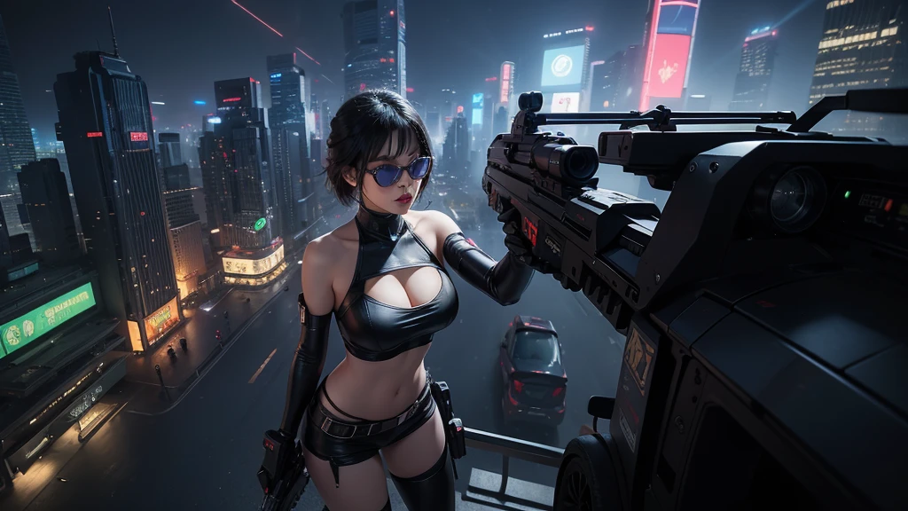 At night, aerial view of futuristic sci-fi cyberpunk city with plenty neon lights, skyscrapers, flying cars, (vortex glowing hologram giant clock tower as time machine), high quality. (1girl, solo), photo realistic, large-breast:1.2 slim body, cleavage:1.3, tube top, short miniskirt, black sunglasses, aiming at viewer with a (mini rifle):0.3, dynamic pose, half-body thigh level medium shot, cinematic lighting.