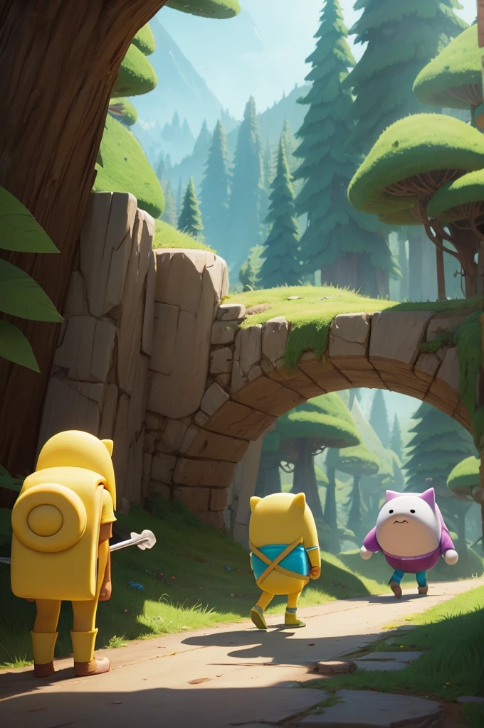 Generate an Adventure Time image, with the two main characters Finn and Jake adventuring