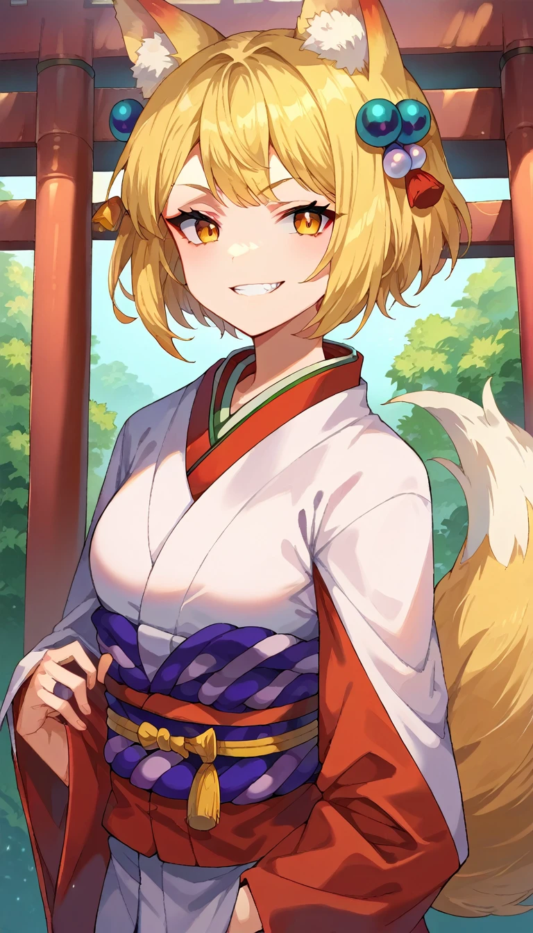 score_9, score_8_up, score_7_up, score_6_up, score_5_up, score_4_up, source anime, 1girl, tail, animal ears, blonde hair, fox tail, fox ears, solo, fur trim, yellow eyes, bangs, shiny hair, kimono, hair ornament, shiny, multicolored hair, long sleeves, short hair, teeth, parted lips, wide sleeves, grin, upper body, torii
