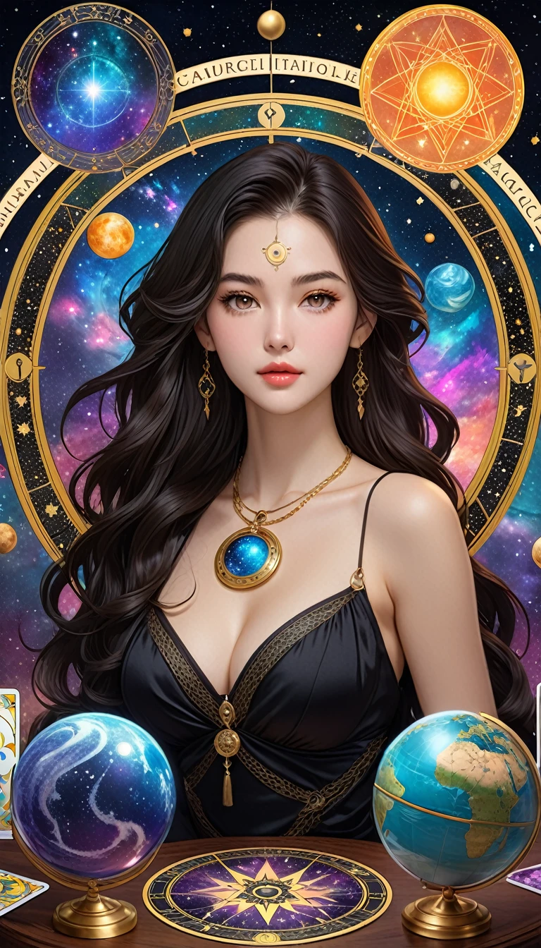 最Highest quality, Highest quality, 16K, Unbelievably absurd, Very detailed, 2.5D, delicate and dynamic, , formal, universe space, Night Sky, Crescent Moon, constellation, Gorgeous nebula, meteor, , Tarot Cards, Giant magic circle, A complex magic circle, Colorful magic circle, A colorful celestial globe, Small face, Very delicate facial expressions, Delicate eye depiction, Upper body close-up, erotic, One sexy woman, Cool woman, black long wavy hair, Healthy body shape, 25-year-old woman, Cool woman, Height: 170cm, huge bouncing busts, astrologer, Horoscope, Tarot Cards, Calm expression, A complex magician's outfit, Magician's outfit in chic colors, garter belt, Fishnet tights, Magician's Shoes, Fortune telling, Declare, Tarot Cardsを配る, Tarot Cardsをばらまく