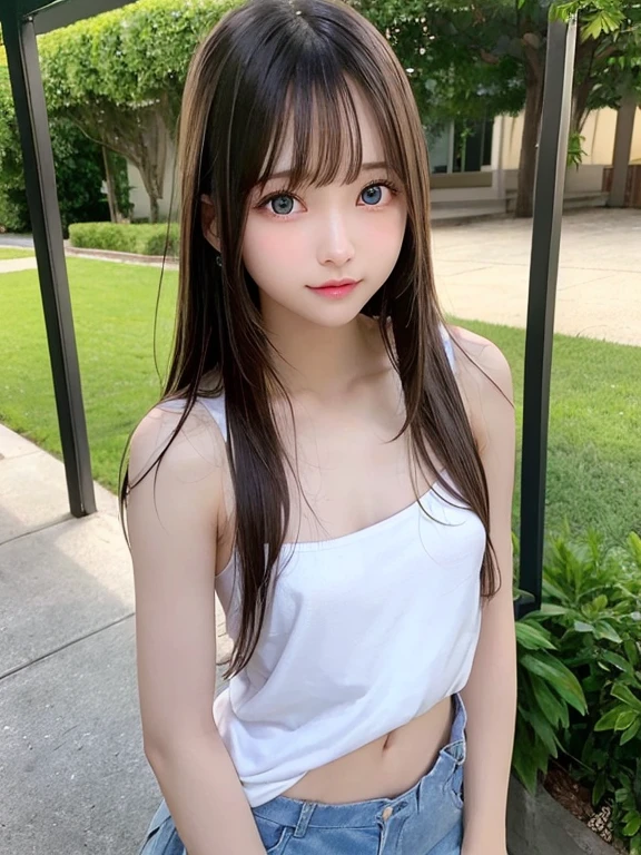 Completely naked,upper body,Sexy and firm super small breasts、Sexy cute looks and cute 15 year old beautiful girl, Beautiful and sexy face、Beautiful, cute and sexy eyes hidden by long bangs,White long straight hair、Light blue eyes、Shorts,Showing breasts and nipples