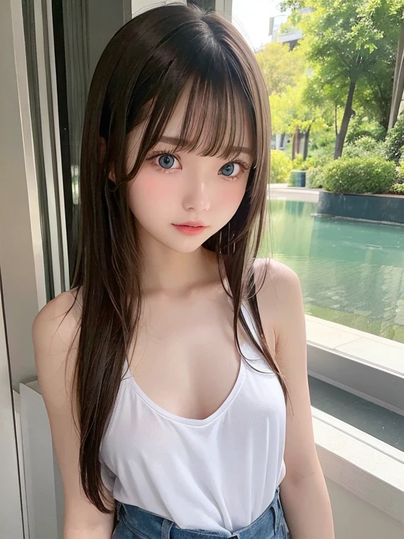 Completely naked,upper body,Sexy and firm super small breasts、Sexy cute looks and cute 15 year old beautiful girl, Beautiful and sexy face、Beautiful, cute and sexy eyes hidden by long bangs,White long straight hair、Light blue eyes、Shorts,Showing breasts and nipples