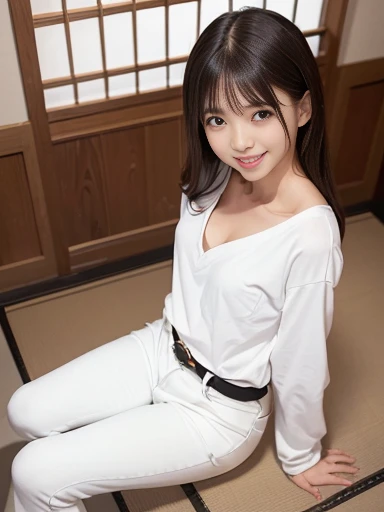 Japanese female, a lot of details, (underweight), 30 years old, detailed black hair, beautiful detailed hair, super fucking beautiful, delicate beautiful face, complex details beautiful and delicate eyes, perfect hands, (flat chest best quality:1.5), perfect and delicate limbs, detailed skin, best quality, ultra-detailed,(cheerful grin:1.5),
izakaya, food photo, sitting, legs spread, semi long, (red long-sleeved t-shirt), (white jeans), japanese, wide shot, from front, birds-eye view