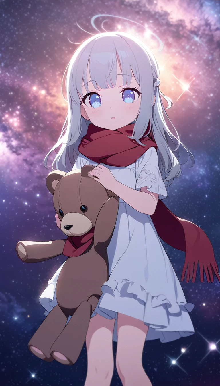 (((masterpiece))), (((best quality))),(((high detail))),light manipulation, girl with long silver hair, gradient purple to sky blue eyes, wearing a white dress, a red scarf, ((())), (((child))) , galaxy background, holding a teddy bear, feet, no footwear