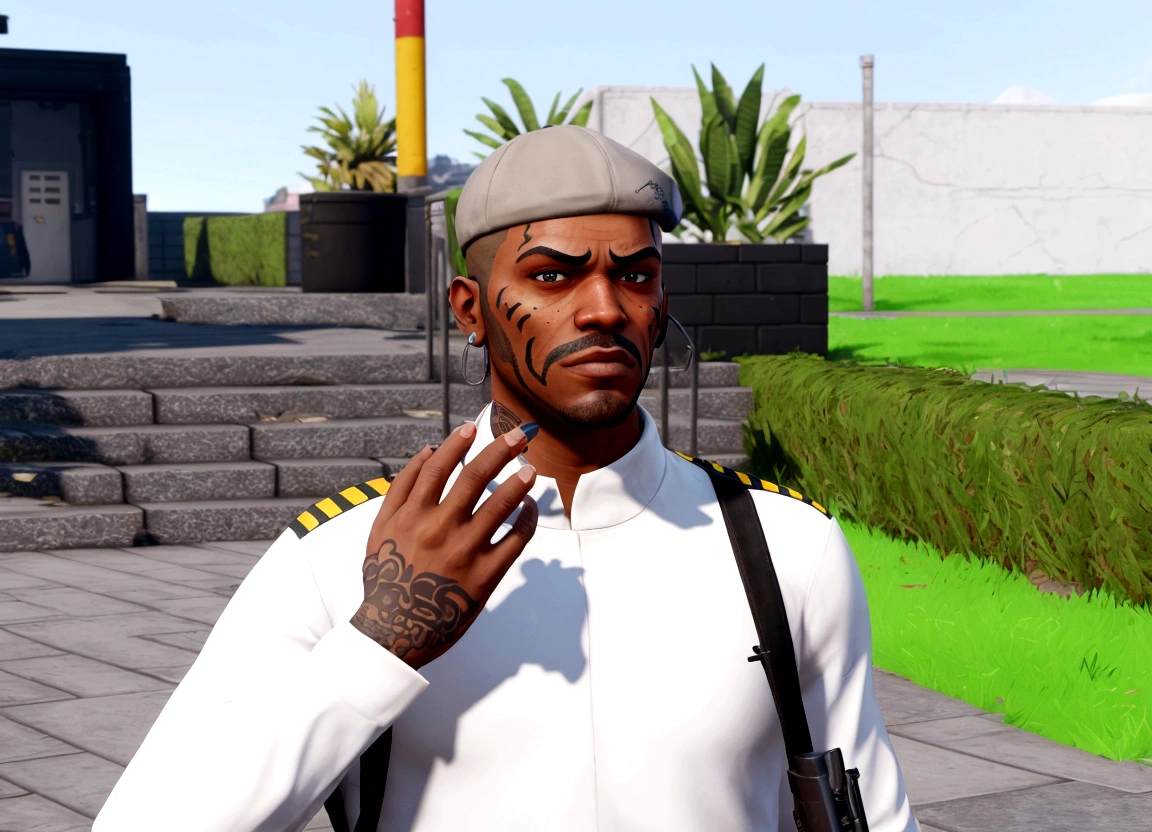 There's a man with his face painted like a man with a gun, like a GTAV character, gta character, highly detailed skin, gta character v, as the protagonist of gta 5, accurate skin textures, very detailed skin, as a fortnite character, varying detailed skin, GTA5 style, hyper-realistic content, realistic textured skin, with fully detailed faces