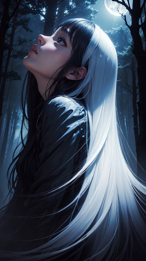((masterpiece)),((Highest quality)),((Lots of details)),((Realistic feel)), (((look up))), Pitch Black, night, Deep in the forest, Moonlight shines, Cool blue shade, White Owl incarnation, Silhouette of a girl, Long hair longer than the waist, The sky is high, Dim and dim, High Contrast