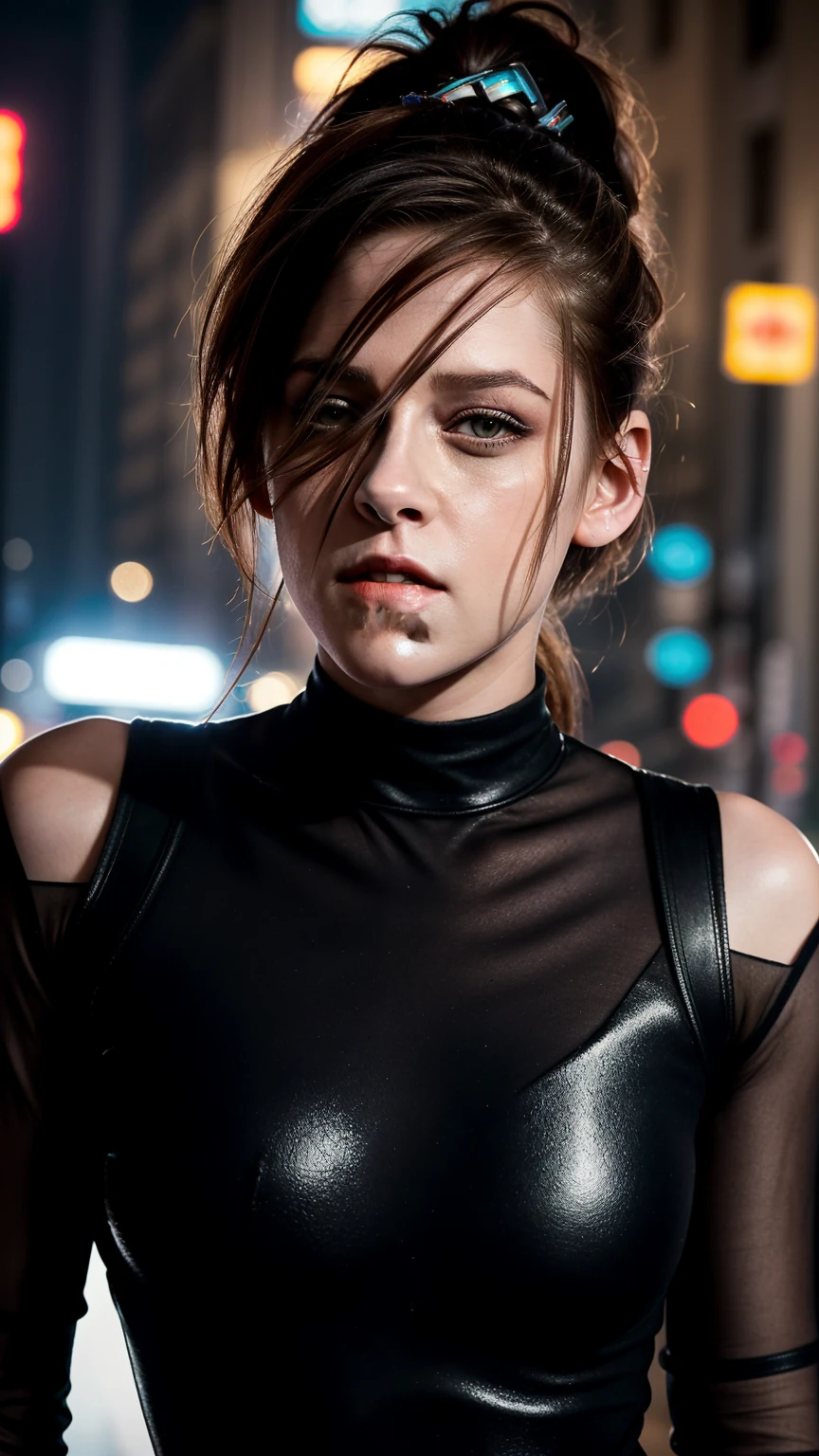 (masterpiece), (photorealistic1.4), (epiCRealLife), (best quality), (epiCFlashPhoto), (ponytail), (Kristen Stewart), (young woman), (on the street), (close up), (flashphoto), (flash photography), (make up), (laugh), (at night), (Cyberpunk bodysuit), (from front), (cowboy shots), (close up)