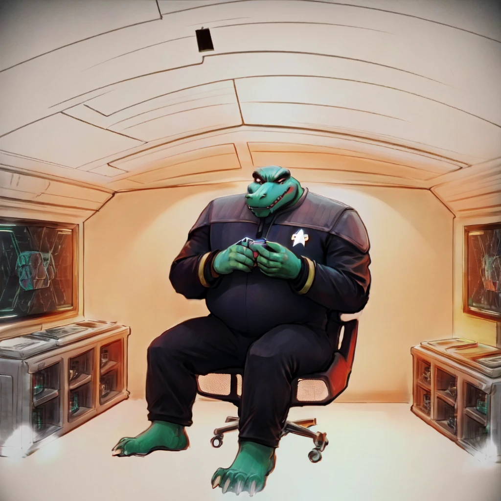 (((Barefoot scaley character, full body, cinematic setting, furry male, plantigrade))) 
Doctor (((kingkrool))), crocodile, green skin, reptile, gold bracelets, scales, bloodshot eye, fat, obese,
exudes confidence and authority, wears star trek DS9 doctor teal uniform, ((ds9st, black and grey star trek uniform, grey shoulders, teal neck, black jumpsuit, black pants)) dynamic pose, holding medical tricorder, ((starship interior with many screens and consoles)), futuristic look, metalic, bright colors
BREAK, intricate details, highly detailed, extreme detail, octane render, fine art, best quality, highres, (detailed face:1.5), ((full_body)), UHD, (((perfect hands))), ((low light:1.5))