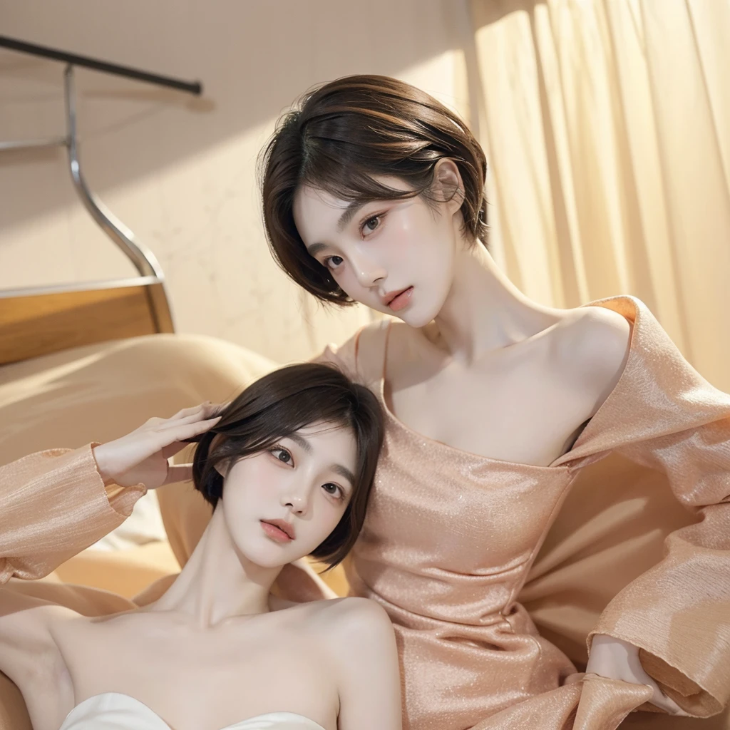 Two 20 year old Korean girls. Pale skin, straight short bob haircut dark brown hair, brown eyes, soft and delicate lips, thin, slanted double-lidded eyes, medium bust. In a hotel