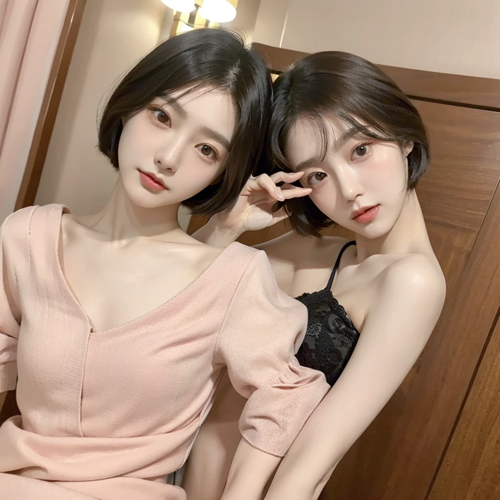 Two 20 year old Korean girls. Pale skin, straight short bob haircut dark brown hair, brown eyes, soft and delicate lips, thin, slanted double-lidded eyes, medium bust. In a hotel