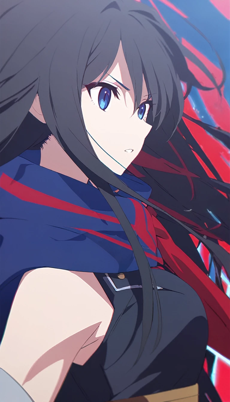 girl, anime, warrior, long hair with red and blue lines, pretty eyes, black hair