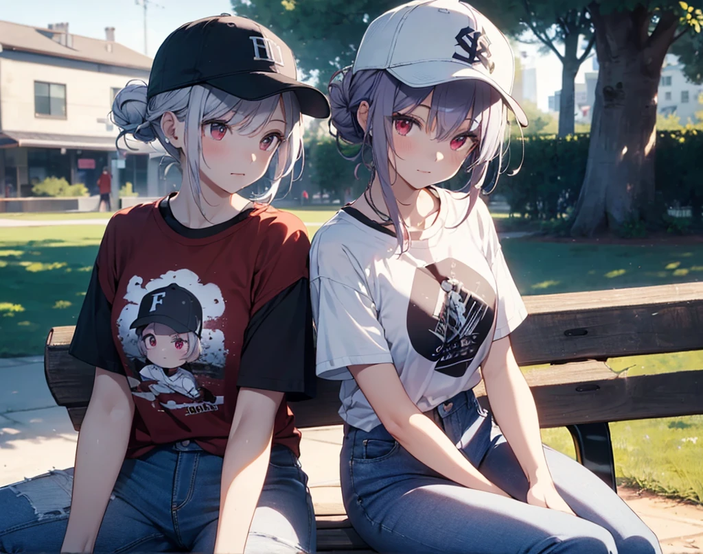 (Close-up:1.3),Realistic,Highest quality, Super detailed, High-quality CG rendering, The most delicate and beautiful, Floating softly, High resolution, (1 girl), (Highest quality,4K,8K,masterpiece:1.2), Light purple hair,(Hair in a bun:1.5),Red eyes,(Pure white oversized short sleeve T-shirt:1.3),(Black skinny jeans:1.3),(Pure white baseball cap:1.3),In the city,old buildings,(Sitting on a bench:1.4)