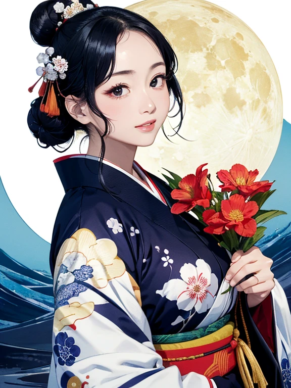 (Highest quality、masterpiece、High resolution、8K)、Ukiyo-e、Vibrant colors、Katsushika Hokusai、1 female、Black hair Japanese topknot、whole body、The kimono has a vivid floral pattern on a white background.、Official Art、背景はUkiyo-e風、White waves and Mt. Fuji、Flowers and Moon、White waves and the moon