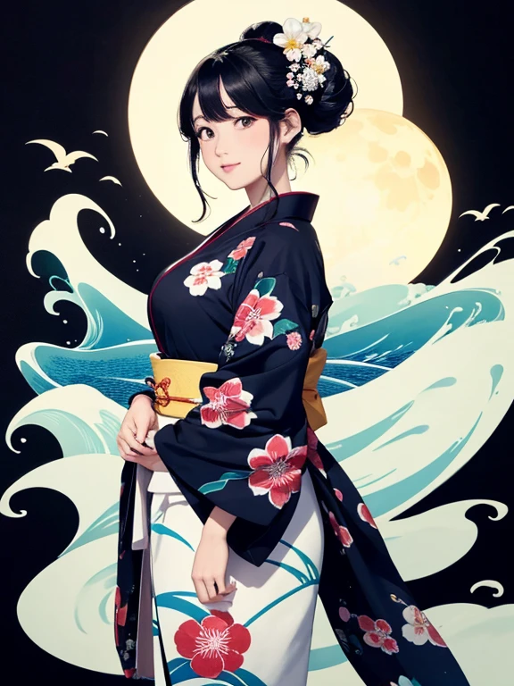 (Highest quality、masterpiece、High resolution、8K)、Ukiyo-e、Vibrant colors、Katsushika Hokusai、1 female、Black hair Japanese topknot、whole body、The kimono has a vivid floral pattern on a white background.、Official Art、背景はUkiyo-e風、White waves and Mt. Fuji、Flowers and Moon、White waves and the moon