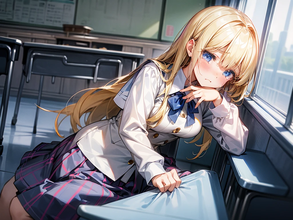 One Girl、School classroom、Sitting in a chair、uniform、White blouse、Navy blue base with pink checkered skirt、首元にuniformのリボン、Crying expression、Tears flowing from her big blue eyes、Sad look、Blonde、Shortcuts