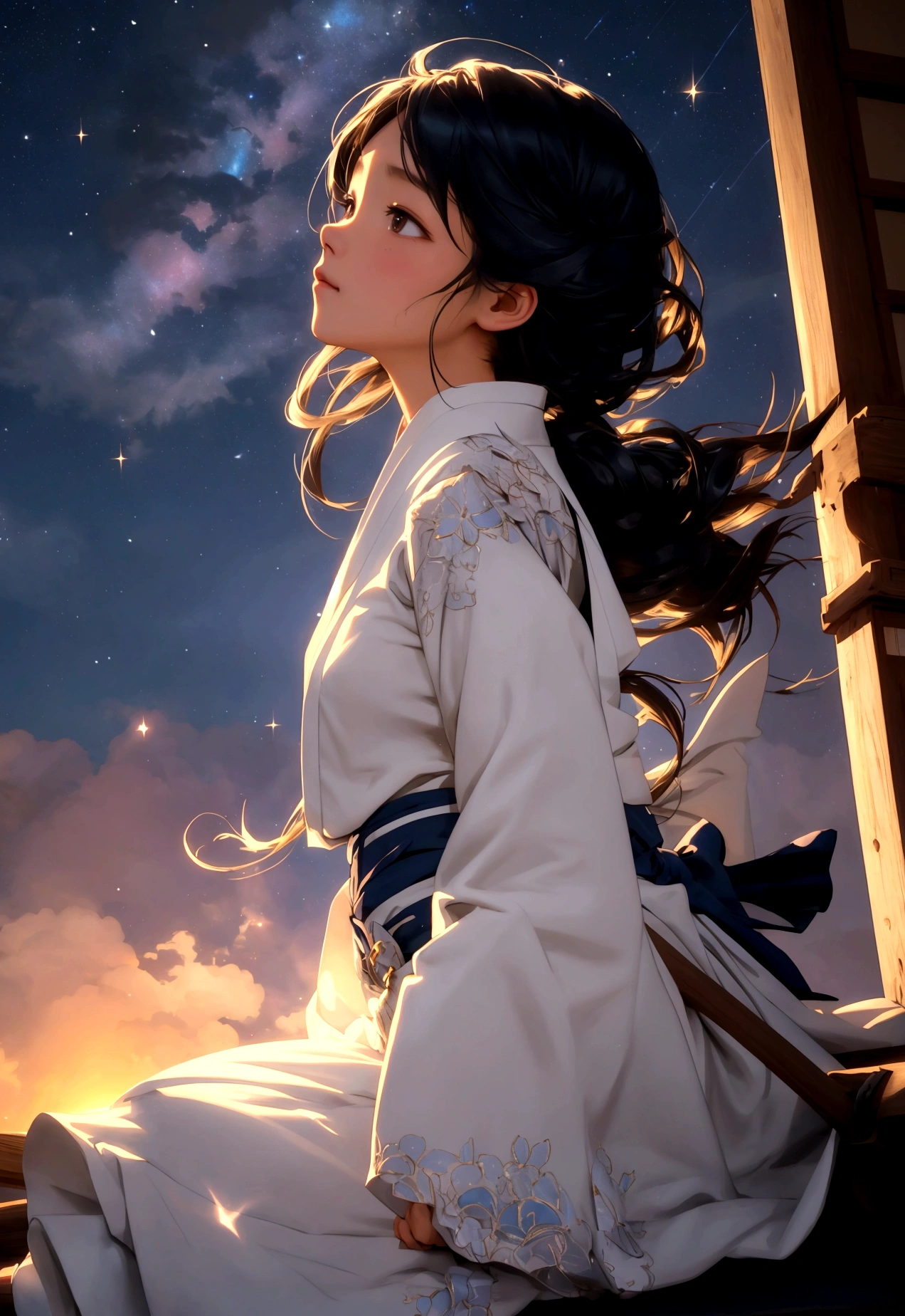 masterpiece, best quality, dynamic fantasy portrait illustration of a Japanese school girl sitting on the school roof looking up at the starry sky, swaying hair in the wind, voluminous puffy clothing, floating hair, lace trim, warm soft lighting, slight smile, sunset, cloudy sky, (light particles:1.1), volumetric lighting, sparkle, sparkling, star, glittering, expressive, iridescent

