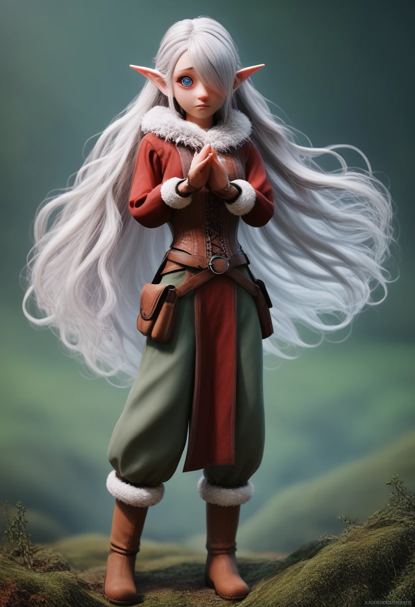 a small gnome girl with pale skin, very long wavy silver hair covering one eye, bright blue anime-style eyes with long lashes, wearing a corset, white puffy long sleeved shirt, and puffy cloth pants, leather bound boots, set in a windy fantasy landscape, (best quality, 4k, 8k, highres, masterpiece :1.2),ultra-detailed,dungeons and dragons, long elf ears, detailed skin and cloth textures, cute detailed face, intricate details, extremely detailed, 1girl, dynamic pose with hair covering one eye, shy personality, puffy cloth pants with leather belt, detailed privateer outfit, detailed buccaneer outfit, pouch on belt, wearing ornate leather armor with fur trim, silver inlay detail, wearing fur trimmed boots, wearing fur trimmed gloves, short, short height, halfing girl, small girl, very long detailed flowing hair, big head, big round eyes, windy, wind blown hair,bwirey muscles, fighter, dynamic angle, kineticist, pathfinder, pathfinder kineticist, wind kineticist, pouty lips