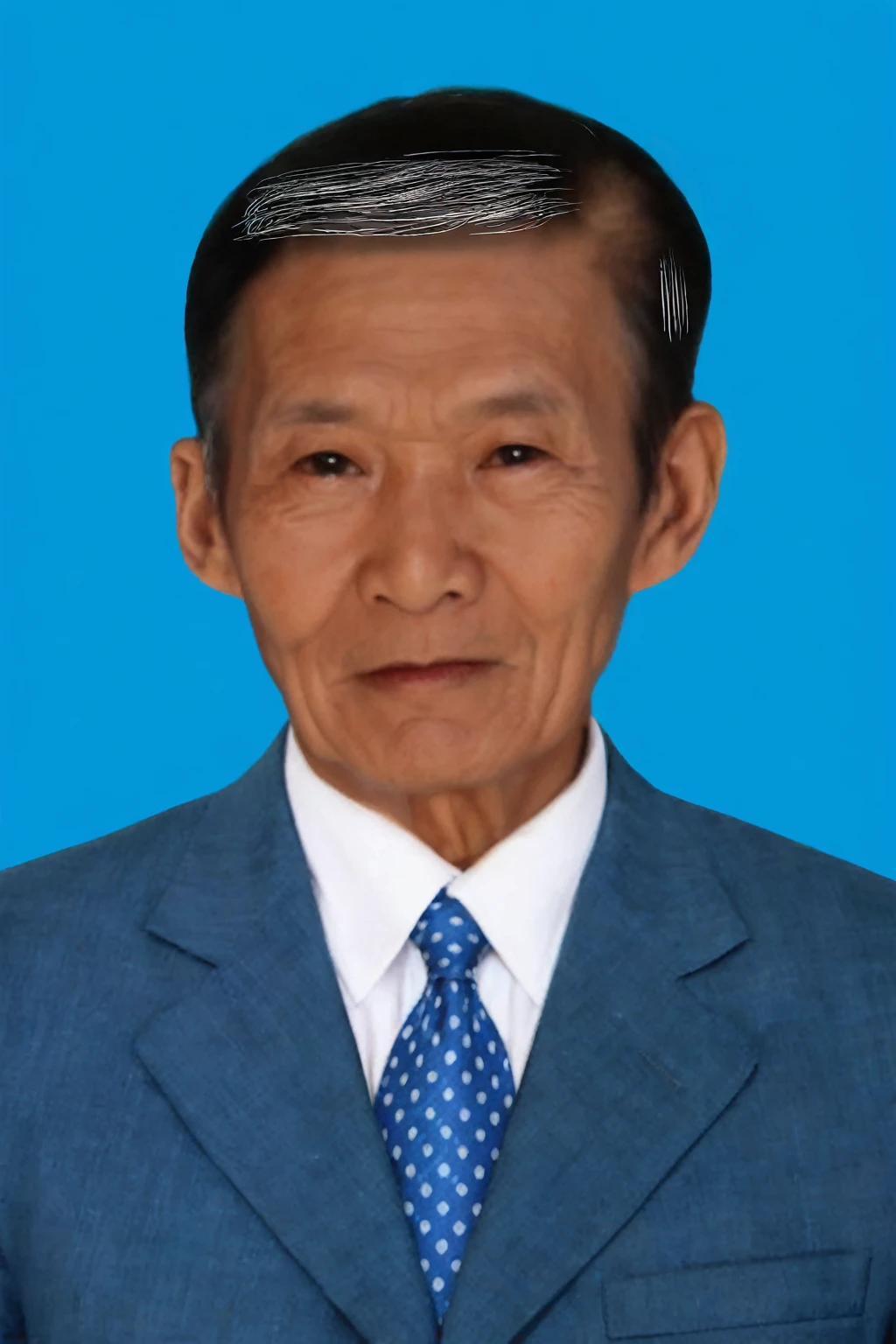 Highly realistic photo, Portrait of a 65 year old Vietnamese old man, blue suit, flat hair