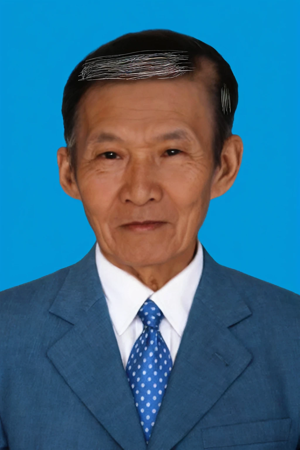 Highly realistic photo, Portrait of a 65 year old Vietnamese old man, blue suit, flat hair