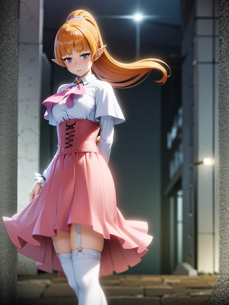 1girl, solo, elf, best quality, 4k, uhd, highres, (from below:1.3), from side, (cowboy shot:1.2), forest, tree, tree shade, on grass, (underground:1.4), ((orange hair)), ((blue eyes)), very long hair, (ponytail:1.2), (blunt bangs:1.2), lips, eyebrows visible through hair, (silver hair cuffs), slim waist, medium breasts, ((pink capelet)), ((pink corset)), collared shirt, long sleeve, ((white shirt)), (waist cliff), ((blue neckerchief:1.1)), white panties, ((pink skirt)), (pleated skirt:1.1), (medium skirt:1.1), (white thighhighs), (suspender skirt:1.1), high-waist skirt, ((white garter straps)), ((pink sandals)), high sandals, pointy ears, (tsundere:1.2), happy, dreamy big eyes, standing, arms behind back, skindentation, wide hips, pantyshot, day