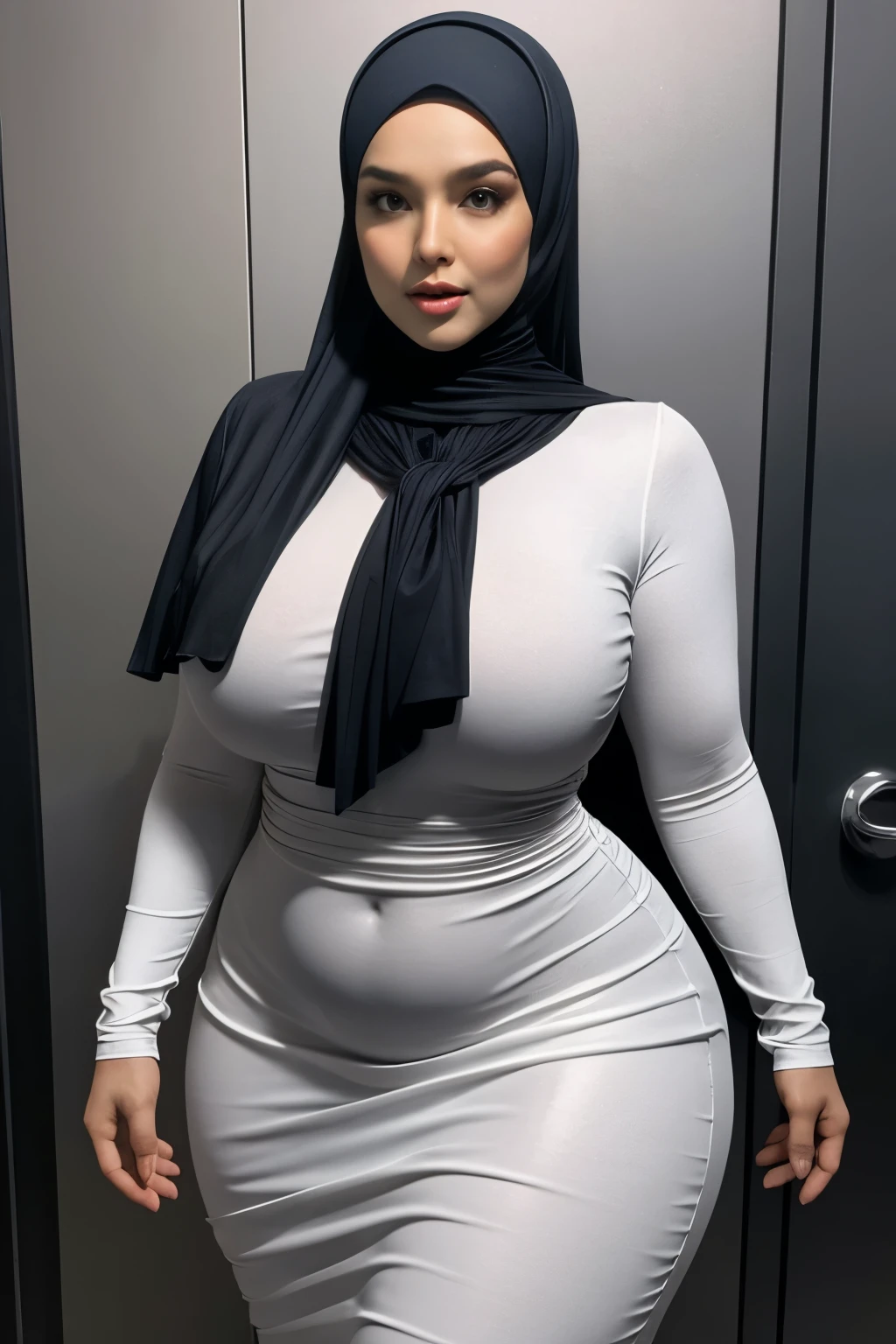 Half body potrait, masterpiece, very realistic high resolution, 8K, thick beautiful woman in hijab posing for photos, very tight long dress, thicc, large booty, thick, wide hips, thick, strong and large body, thick thighs, crazy bulging hips, she has giantic breasts, fat and curvaceous body, curvy booty, thin waist and thick hips, widest hips, slim stomach, view from side seductive pose