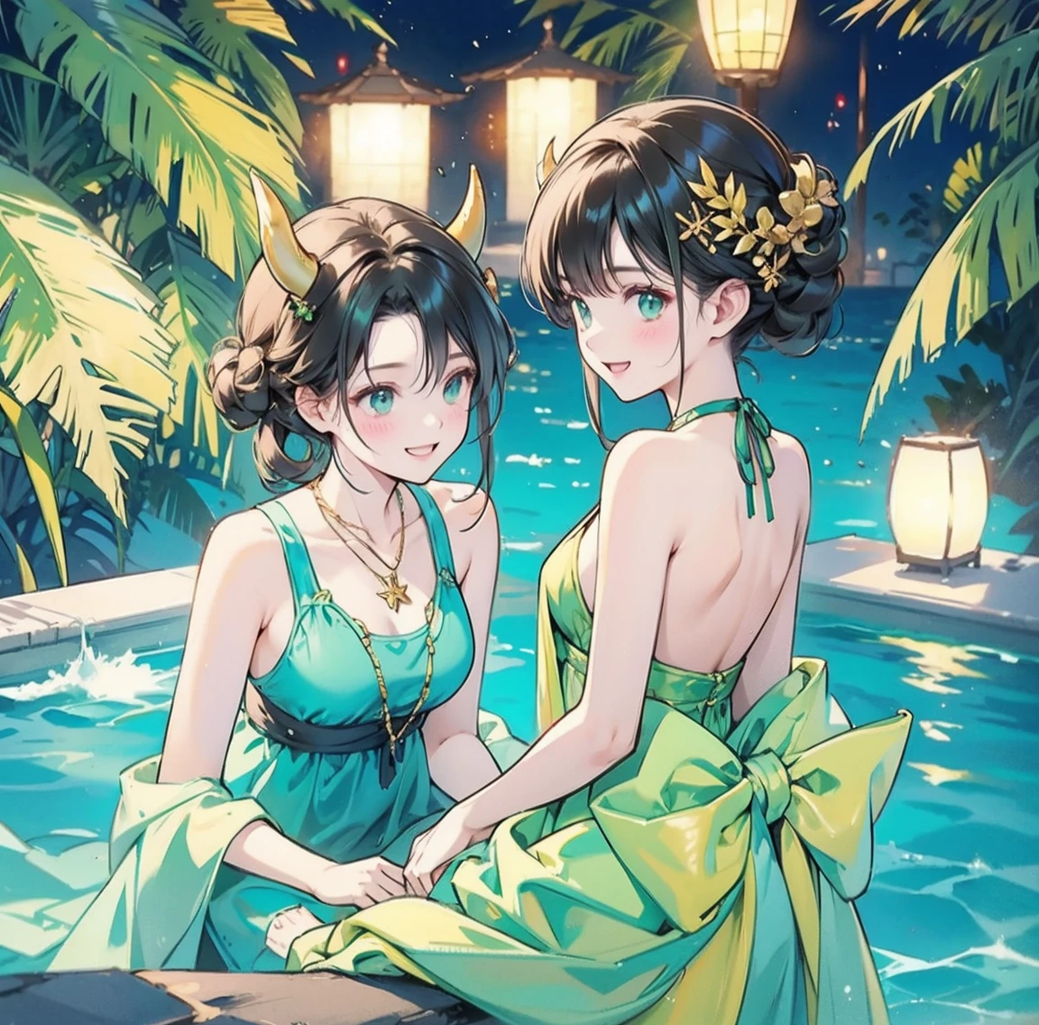 One woman、Gorgeous green swimsuit、,race,Black Hair、Short bun hair、hair ornaments、necklace、back、Golden devil horns、Anatomically correct,、Night beach、smile、Night Pool