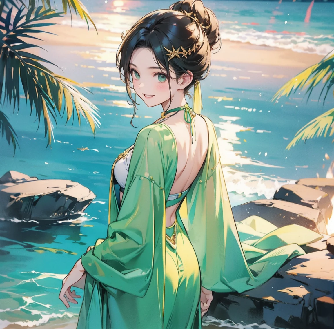 One woman、Gorgeous green swimsuit、,race,Black Hair、Short bun hair、hair ornaments、necklace、back、Golden devil horns、Anatomically correct,、Night beach、smile、Night Pool