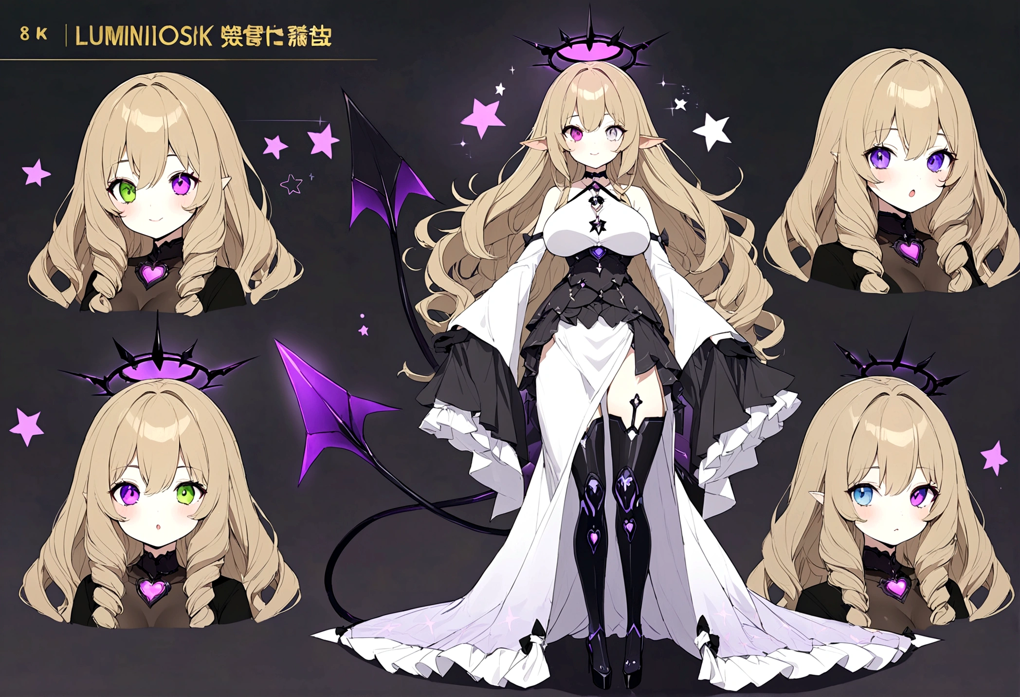 1 woman 180cm tall. (character design sheet: front view, back view). Dark blonde long hair, slim build, wavy hair with hip length curls, has a short central tuft, She has two short braids on the left and right side over her shoulders.  He has black serval ears with gray and purple on the top of his head. small face. (heterocromia: one gray eye and one purple eye), ribbons on the right side of the hair, ribbons on the left side of the hair. extremely detailed face, Beautiful detailed eyes, beautiful detailed lips. adorable, extremely detailed legs, (Best Quality, 4k, 8k, high resolution), ultra detailed, Exquisite and epic character art. Black platform heels, Elegant One Piece Long Dress with Ruffles Skirt and Wide Sleeves Gold Gear Design, star and ribbon decorations on the dress. black gloves. gray belt at the waist with a large bright pink heart ribbon. black necklace with heart emblem on the neck. It has a succubus tail with a luminous purple star tip.. (wide hip). Luminous black halo with purple star patterns above his head... (medium breast size). Thigh High Mechanical Legs in Black and Luminous Purple.