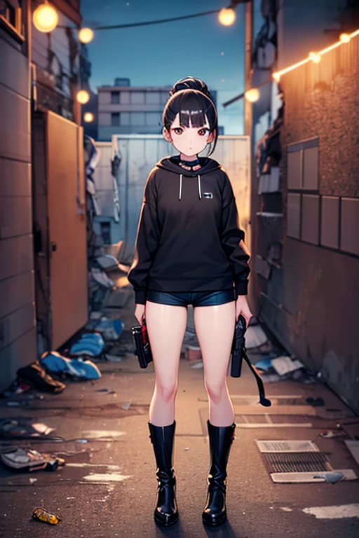 masterpiece, extra limbs,(1girl),16years old,(black ponytail), slant eyes, blank navy eyes,(medium breasts, small nipples, small areolas),pale white skin athlete skinny body,sullen,(standing against the wall),((clothed killer,black hooded sweatshirt,hot pants,black boots)),(have a gun),((slum alley,night:1.8)),collar,full body,pov