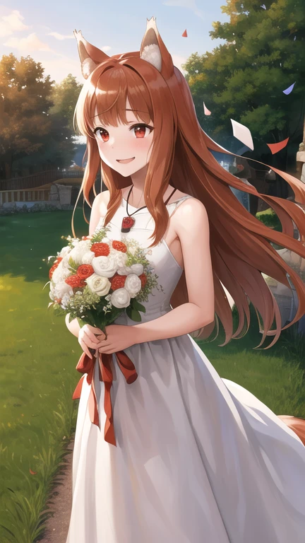 masterpiece, best quality, highres, 1girl, long hair, brown hair, animal ears, red eyes, wolf tail, necklace, wedding dress, white dress, garden, standing, holding bouquet, smile, tears, confetti,