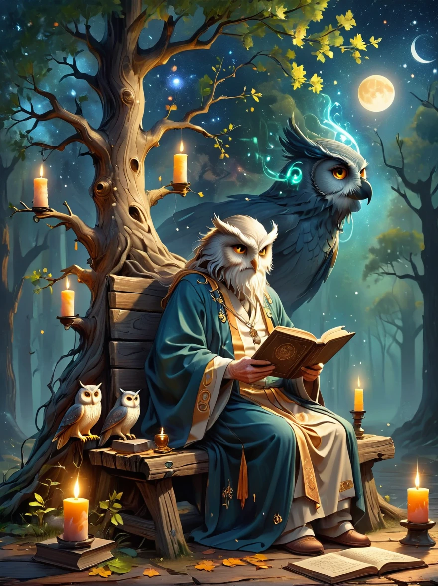 Create an image of an old astrologer，Personifying the abstract concept of wisdom，Depicting an old oak tree with deep roots and leaves，Represents the depth and breadth of knowledge，An old Caucasian astrologer in a robe is sitting on a rustic wooden bench next to him，Perform divination actions quietly，An old leather-bound book of horoscopes，Symbols of wisdom are scattered around，Such as an owl sitting on a tattoo branch and a group of glowing candles，Cast soft shadows，The setting sun in the background symbolizes the passage of time，This is an important aspect of gaining wisdom.