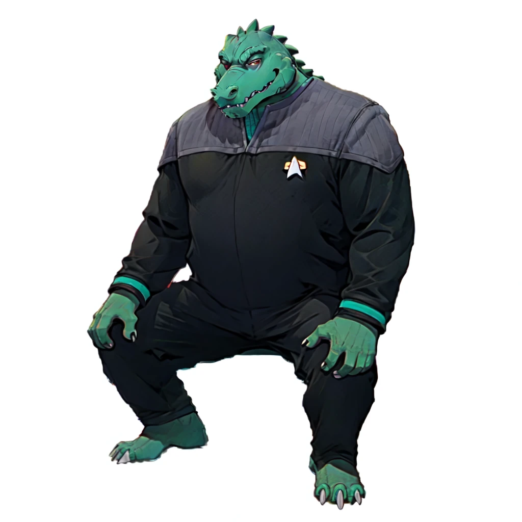 (((Barefoot scaley character, full body, cinematic setting, furry male, plantigrade))) 
Doctor (((kingkrool))), crocodile, green skin, reptile, gold bracelets, scales, bloodshot eye, fat, obese,
exudes confidence and authority, wears star trek DS9 doctor teal uniform, ((ds9st, black and grey star trek uniform, grey shoulders, teal neck, black jumpsuit, black pants)) dynamic pose, holding medical tricorder
((starship interior with many screens and consoles)), futuristic look, metalic, bright colors
BREAK, intricate details, highly detailed, extreme detail, octane render, fine art, best quality, highres, (detailed face:1.5), ((full_body)), UHD, (((perfect hands))), ((low light:1.5))