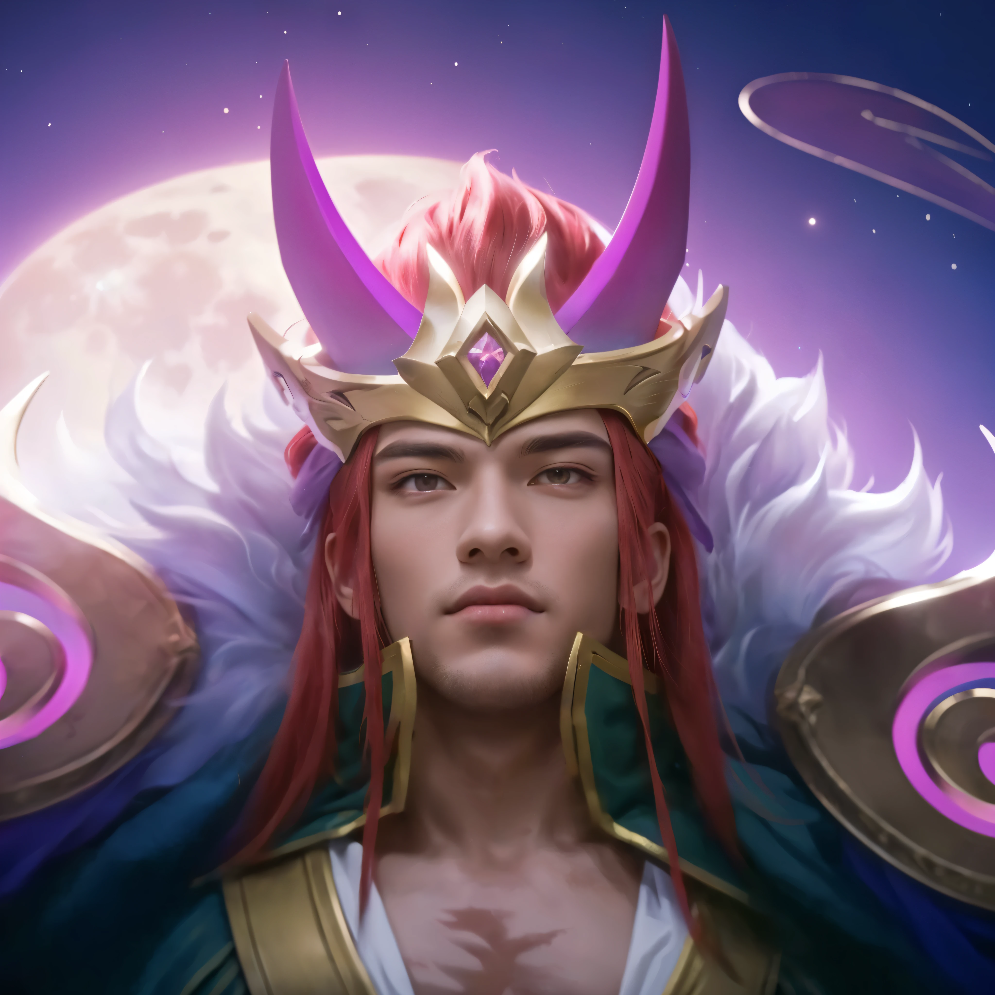 there is a 1boy with a crown on his head, god of the moon, red hair, charismatic, power stance, male god, handsome, ethereal, celestial, glowing moon in the background, dark night sky, stars, crescent moon, detailed lighting, dramatic chiaroscuro, cinematic, fantasy, digital art, 8k, hyper detailed, masterpiece, photorealistic, man, male