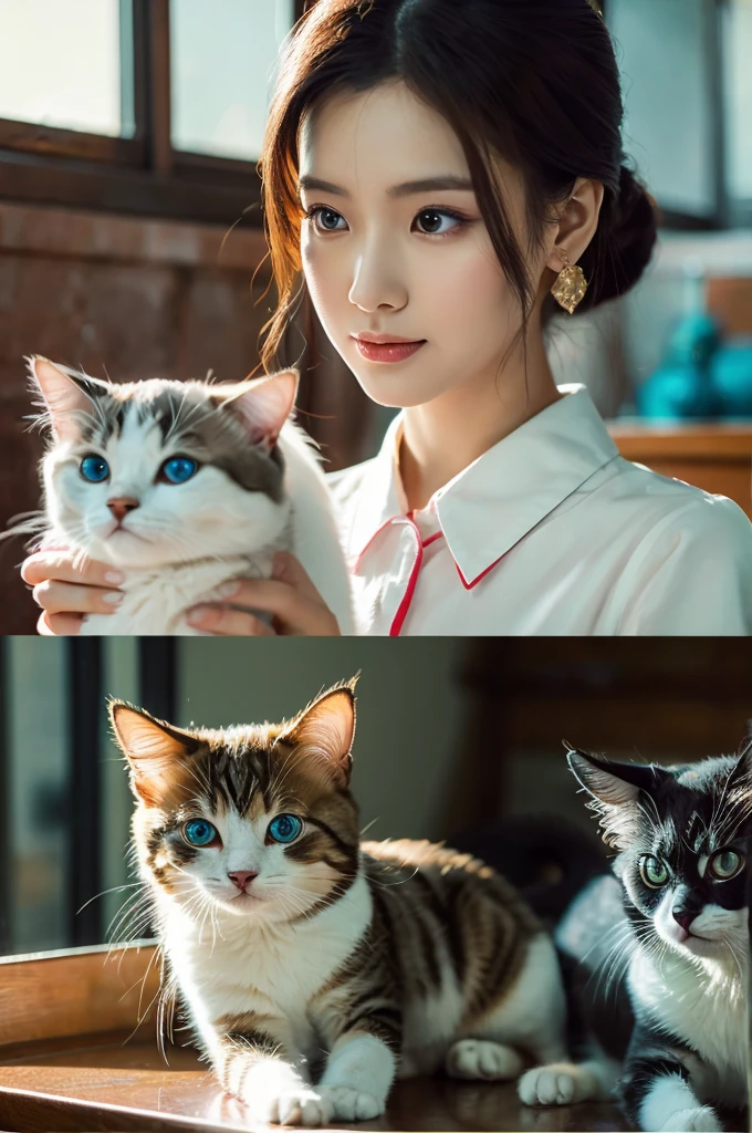 comics, disney style,(Alebrijes' Art Style), oil paint, Complex, 2 adult cats,two kittens, on the roof, Portraits can also be displayed, kind, beauty, soft, 大きくてbeautiful目, volumetric lighting, beautiful, Rich deep colors, masterpiece, sharp focus, super detailed, Astrophotography,ray tracing,,elegant pose,xxmix girls women,(Urzang-6500-v1.3,pure face_v1,Rendering with Octane)