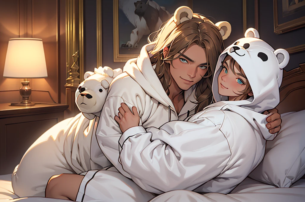 lhado eyes, perfect lighting, broad detail, detailded, deep skin,texturized skin, ,polar fleece suit ,white bear costume , long sleeves, hood,,malva , long hair, greeneyes, great smile,on the bed ,sitting between pillows brown hair, (animal hood, polar bear ears, fake animal ears, texturized skin, High details, high qualiy, best qualityer, work of art, man wearing a polar bear costume, ((bear costume style pajamas)), room, Stuffed animal, white pajamas