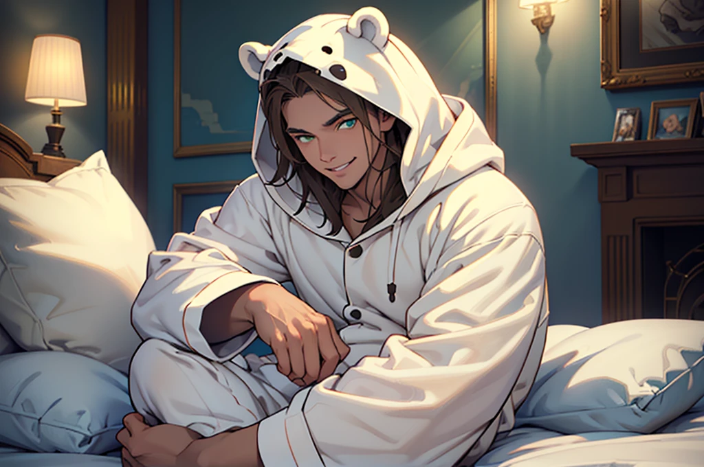 lhado eyes, perfect lighting, broad detail, detailded, deep skin,texturized skin, ,polar fleece suit ,white bear costume , long sleeves, hood,,malva , long hair, greeneyes, great smile,on the bed ,sitting between pillows brown hair, (animal hood, polar bear ears, fake animal ears, texturized skin, High details, high qualiy, best qualityer, work of art, man wearing a polar bear costume, ((bear costume style pajamas)), room, Stuffed animal, white pajamas