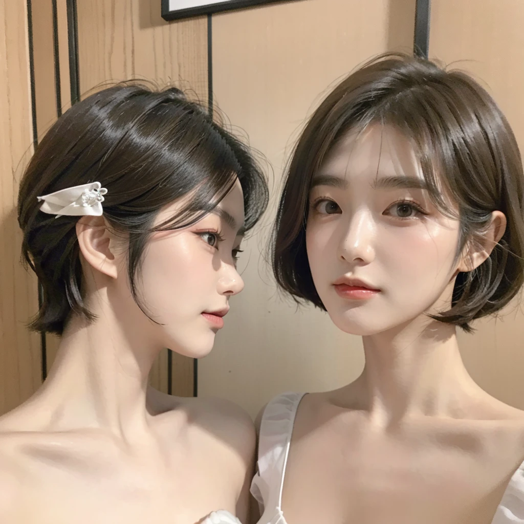 Two 20 year old Korean girls. Pale skin, straight short bob haircut dark brown hair, brown eyes, soft and delicate lips, thin, slanted double-lidded eyes, medium bust. In a hotel