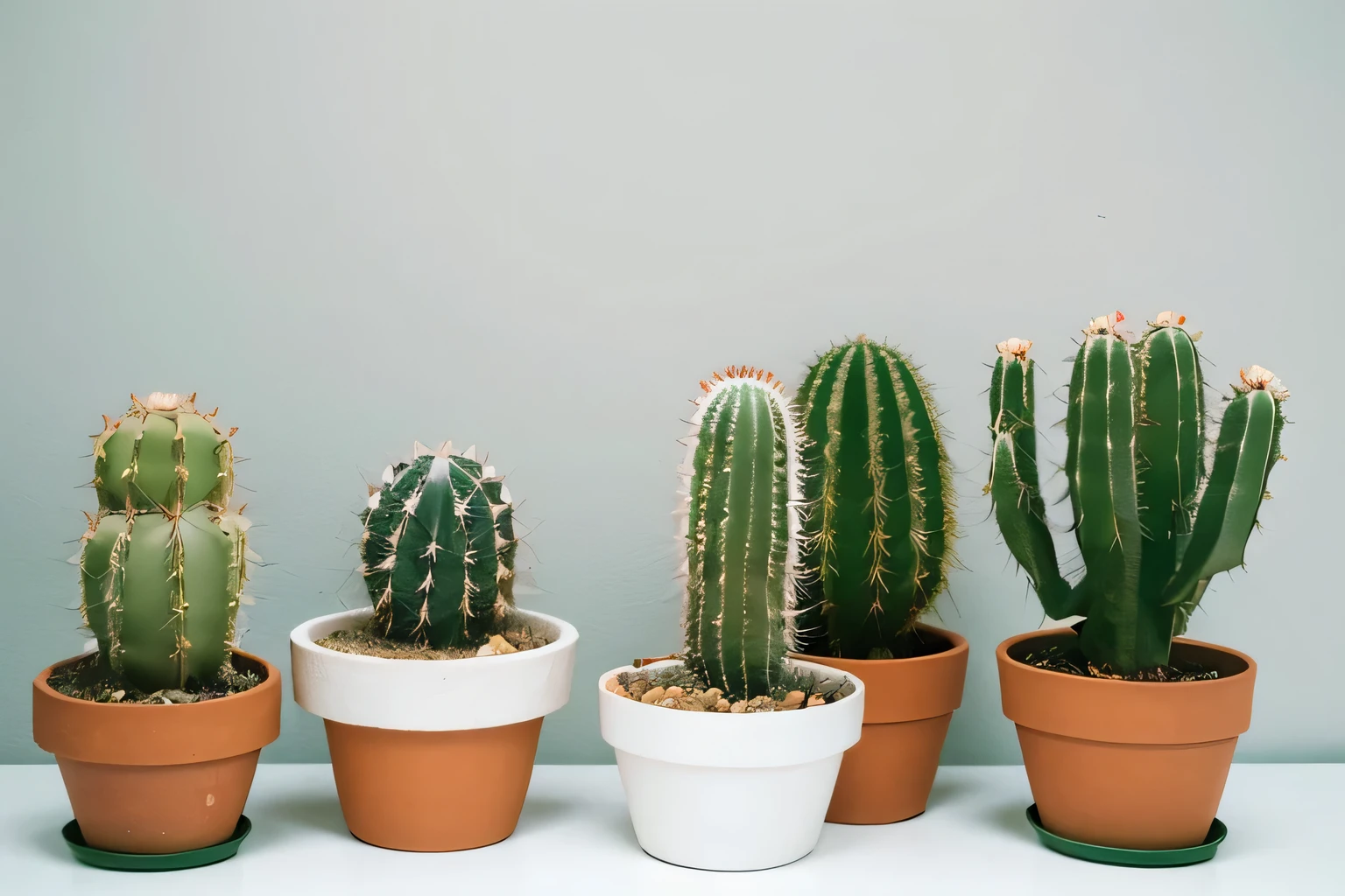 there is a Cactus in a pot on a white surface, Cactus, Cactus, patchy Cactus, made of Cactus spines, lush green Cactus, robotic Cactus design, anthropomorphic Cactus, holding a Cactus, Spiky, Cactus adjacent, Potted plants, Saguaro, with Cactus plants in the room, On a white background, Botanical Photography