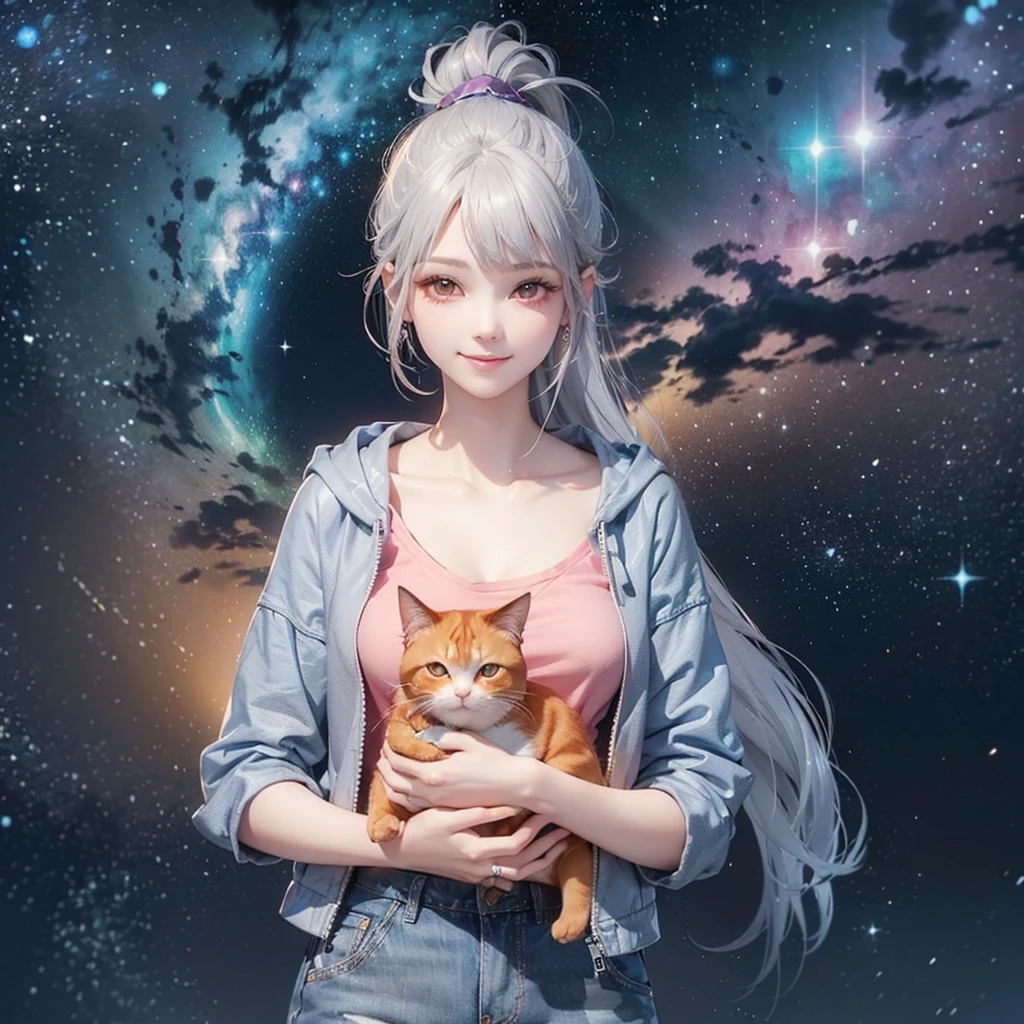 (((Holding a cute orange fat cat with super short legs in both hands,Correct anatomy))),((Highest quality,masterpiece,一位Mature美女,Super thin air parted bangs,Light blue denim gray hooded jacket,Blue gray high ponytail super long straight hair,Double sideburn curly hair,Hair ends curled in,Gray powder clothes,Exposed clavicle,Show earlobes)),((Mature,Smile slightly,Look at the camera head-on)),starry sky galaxy background,Denim texture