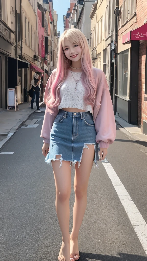 18-year-old、Tabletop, Highest quality, shape, Very detailed, In detail, High resolution, 8k wallpaper, Perfect dynamic composition, Beautiful details, Super long hair、smile、Prompt Hair、blonde、Pink inner color hair、Street Snap、Silver Eyes、Beautiful feet、Various clothes