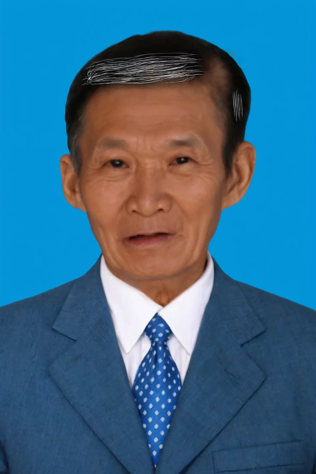 Highly realistic photo, Portrait of a 65 year old Vietnamese old man, blue suit, open mouth, flat hair