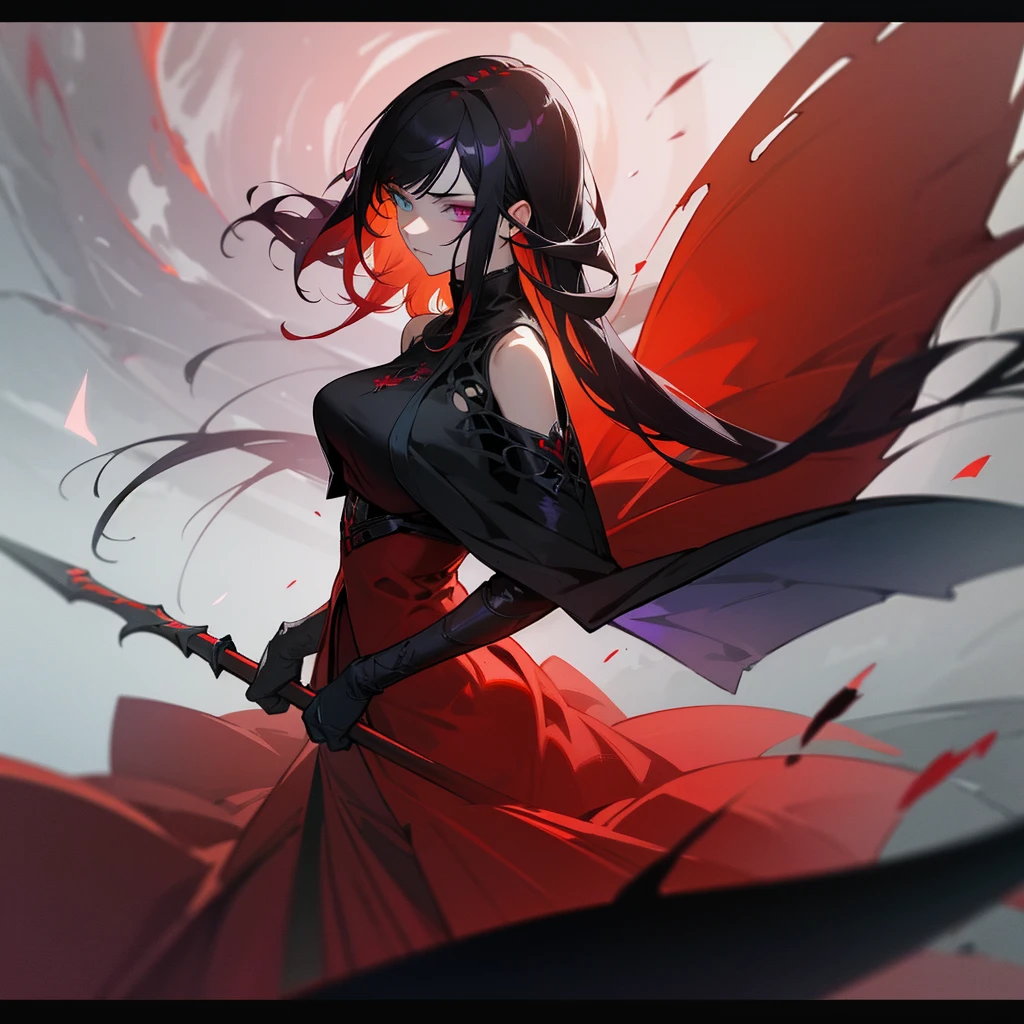 Elegant woman with cool red-purple heterochromia eyes, beautiful woman, perfect face,  wearing a red dress, long black hair (top quality, 8k, high, masterpiece), highly detailed facial features, intricate details, natural lighting, warm color, soft focus, digital painting, fantasy art, silhouette, red light, eerie atmosphere, foggy, Scythe, weapon, red aura, black particles, big breasts.