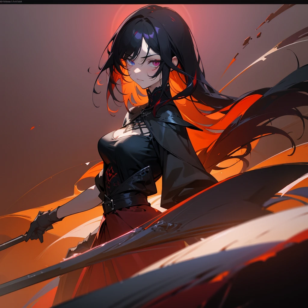 Elegant woman with cool red-purple heterochromia eyes, beautiful woman, perfect face,  wearing a red dress, long black hair (top quality, 8k, high, masterpiece), highly detailed facial features, intricate details, natural lighting, warm color, soft focus, digital painting, fantasy art, silhouette, red light, eerie atmosphere, foggy, Scythe, weapon, red aura, black particles, big breasts.