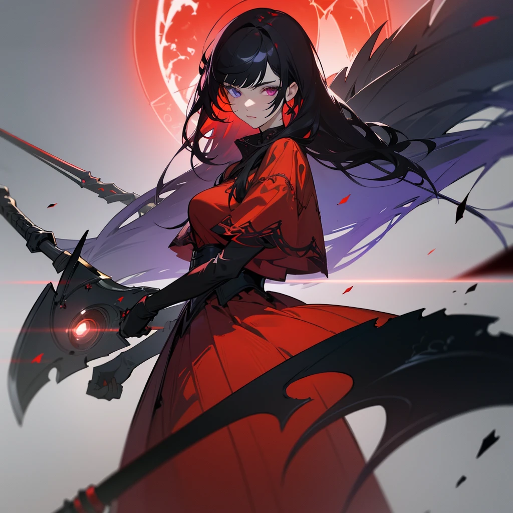 Elegant woman with cool red-purple heterochromia eyes, beautiful woman, perfect face,  wearing a red dress, long black hair (top quality, 8k, high, masterpiece), highly detailed facial features, intricate details, natural lighting, warm color, soft focus, digital painting, fantasy art, silhouette, red light, eerie atmosphere, foggy, Scythe, weapon, red aura, black particles, big breasts.