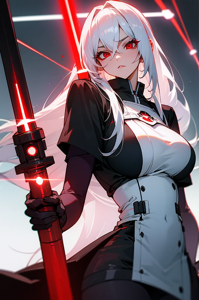 Woman long white hair red eyes big breast red lightsaber