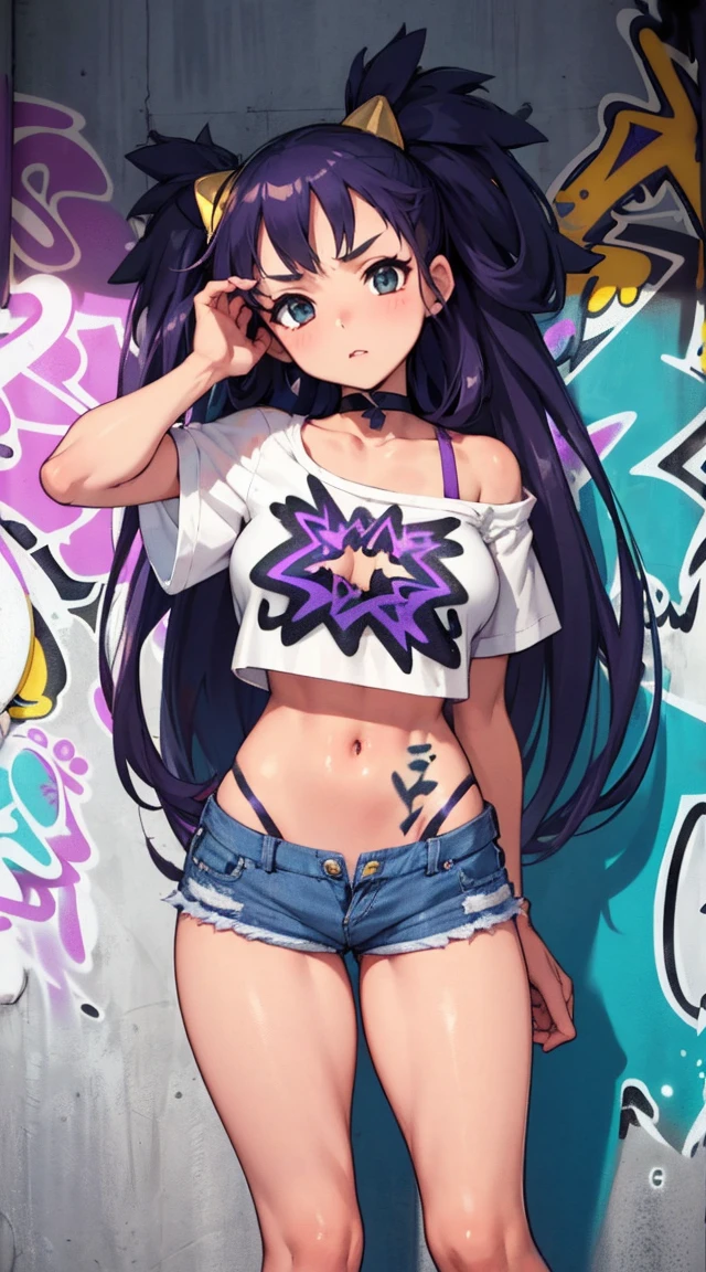 master-piece, bestquality, 1girls,25 years old, oversized breasts, crop top, shorts jeans, oversized breasts, ,bara, crop top, shorts jeans, choker, (Graffiti:1.5), Splash with purple lightning pattern., arm behind back, against wall, View viewers from the front., Thigh strap, Head tilt, bored, water eyes,