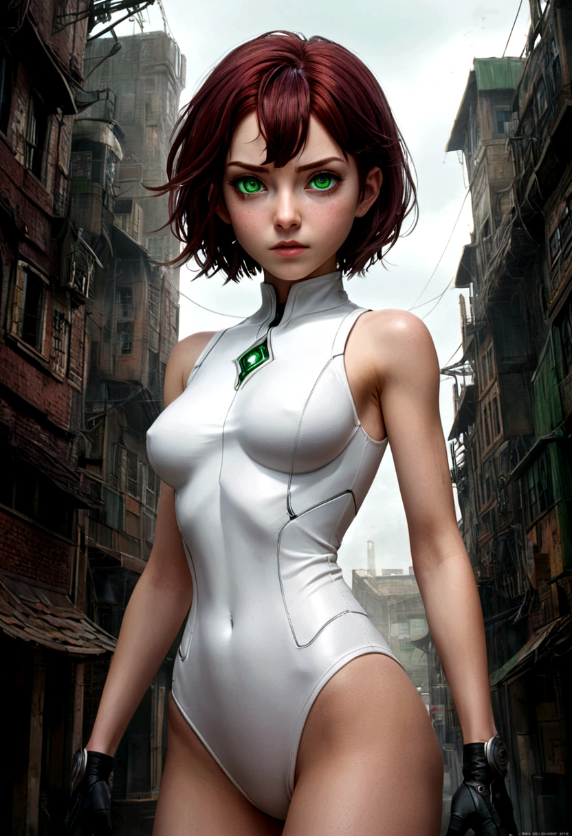 ((masterpiece))、((best quality))、extremely beautiful detailed anime face and eyes)),cowboy shot,1woman,solo,young 9--old ghter of severus snape、dark red hair,short cut hair,green eyes,slender body, ideal ratio body proportions,medium breasts,White leotard、cyber punk、The world of cyberpunk、Future City、neon、at night、
