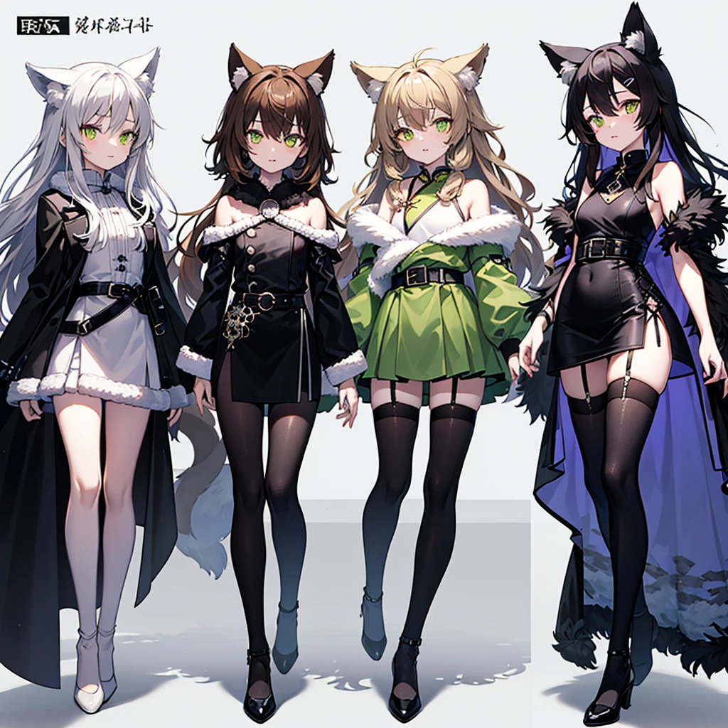 Long, bushy, light brown hair with a gray tint。Coldly。Round and flat face。Large, round, yellow-green eyes。Large pupils。Small, flat nose。Small round cat ears。Small and stocky build。The limbs are short and sturdy.。Cold-resistant。fluffy fur。sensitive。Black Costume　Belt on torso　Gothic